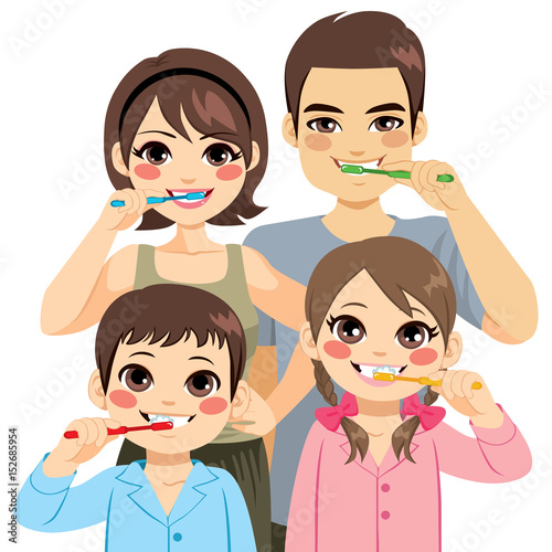 Cute four member family brushing teeth together