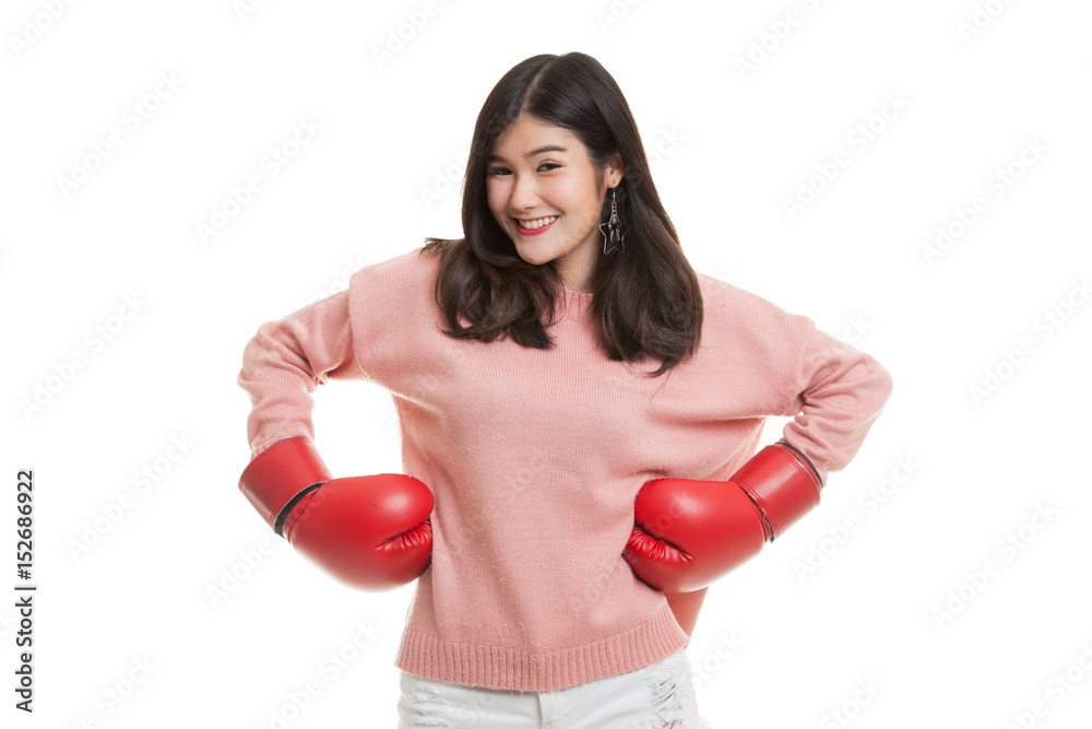 Young Asian woman with red boxing gloves. Young Asian woman with red boxing gloves.