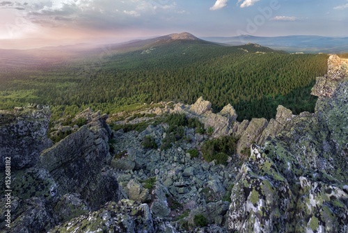 Panoramic view of the mountains and cliffs, South Ural. Summer in the mountains.View from the mountains. The nature of the southern Urals.