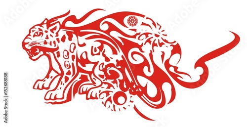 Flaming jaguar symbol. Growling sitting jaguar with tongues of flame ready for a tattoo art, an engraving, an embroidery, as a decorative element and another