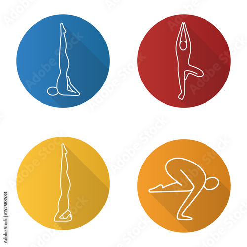 Yoga asanas flat linear long shadow icons set