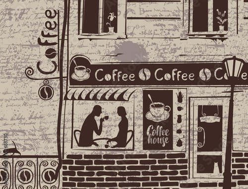 urban landscape with exterior of cafe and love couple on the background of manuscript with blots. Banner for coffee house with old building in retro style