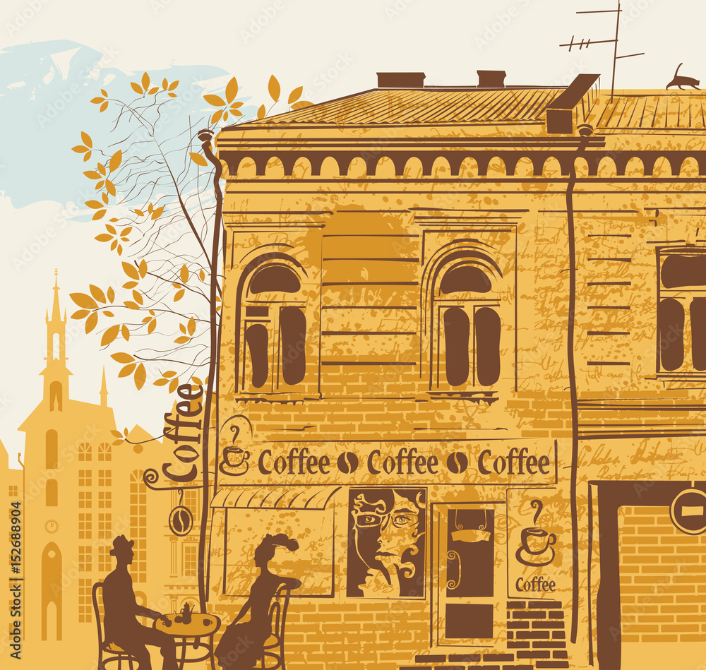 Obraz premium city landscape with a street cafe and a couple on the background of the old town. A coffee house in an old building with a woman's face in the window and a cat on the roof in retro style