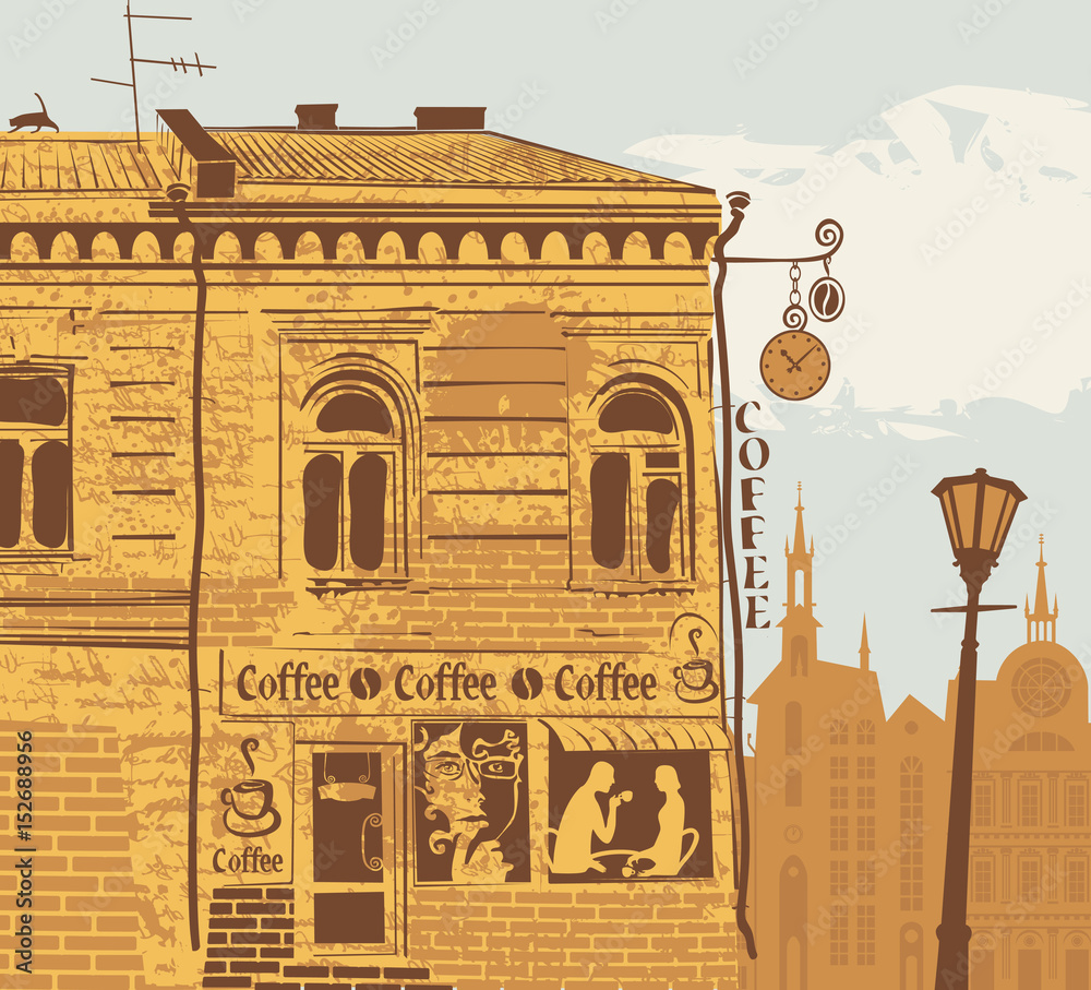 Obraz premium city landscape with facade of a cafe and a couple on the background of the old town. A coffee shop in an old building with a woman's face in the window and a cat on the roof in retro style