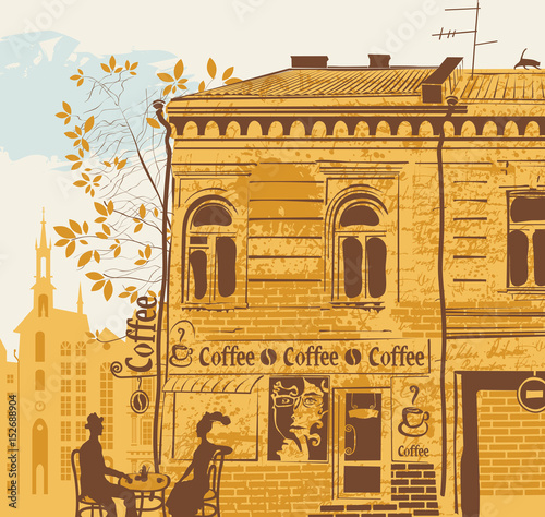 city landscape with a street cafe and a couple on the background of the old town. A coffee house in an old building with a woman's face in the window and a cat on the roof in retro style