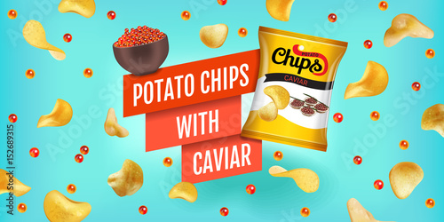 Vector realistic illustration of potato chips with caviar.