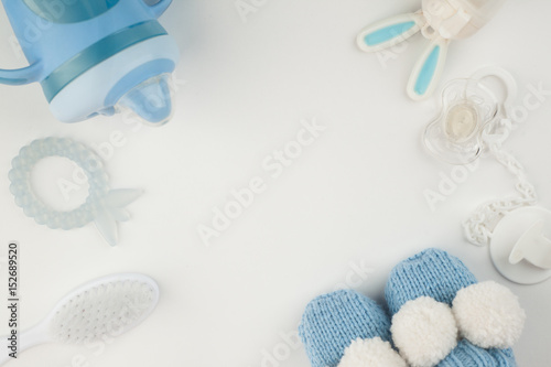 Baby set of cbooties, soother and toys, nibbler and toy on white background Tapéta, Fotótapéta