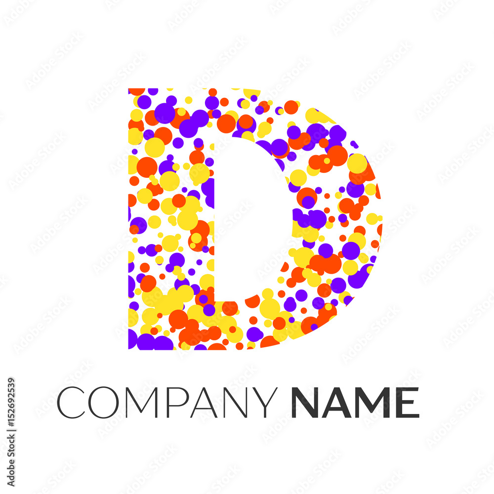 Letter D logo with purple, yellow, red particles and bubbles dots on