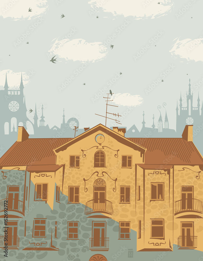 vector landscape with the rooftops of the old city on a Sunny day, with clouds and swallows in the sky in retro style