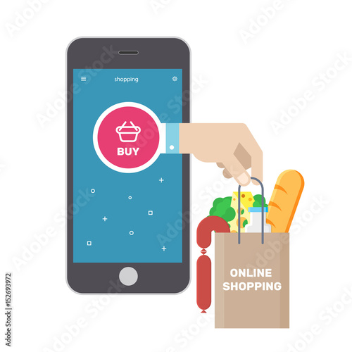 Online shopping ecommerce 24 hours customer support service. Hand with  card for payment. Paper package with fresh produce. Vector illustration business concept design.