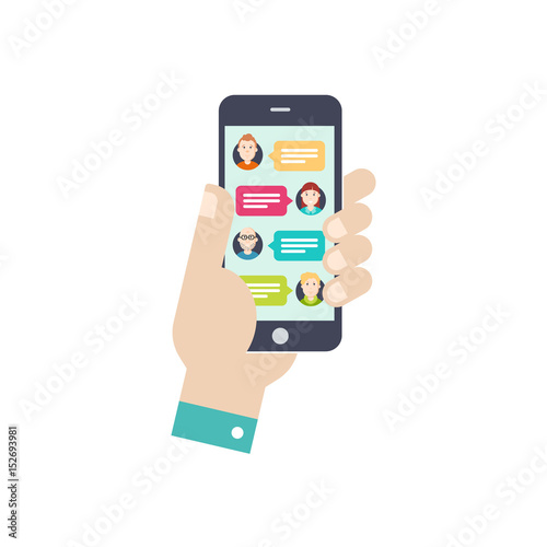 Hand with smartphone and chatting bubble speeches. Chat icon, message on smartphone screen. Online conversation concept. Flat design vector illustration.
