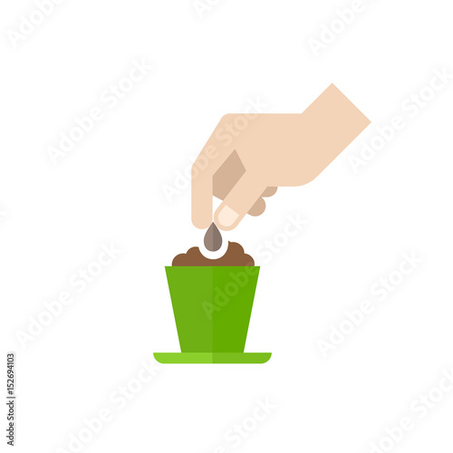 Hand planting  seed in soil isolated on white.  Flat design vector