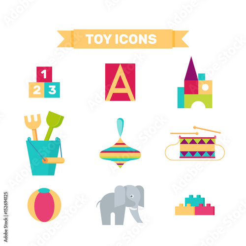 Toys collection isolated on white background. Including drum, ball,  elephant, cubes toys. Modern flat style vector illustration