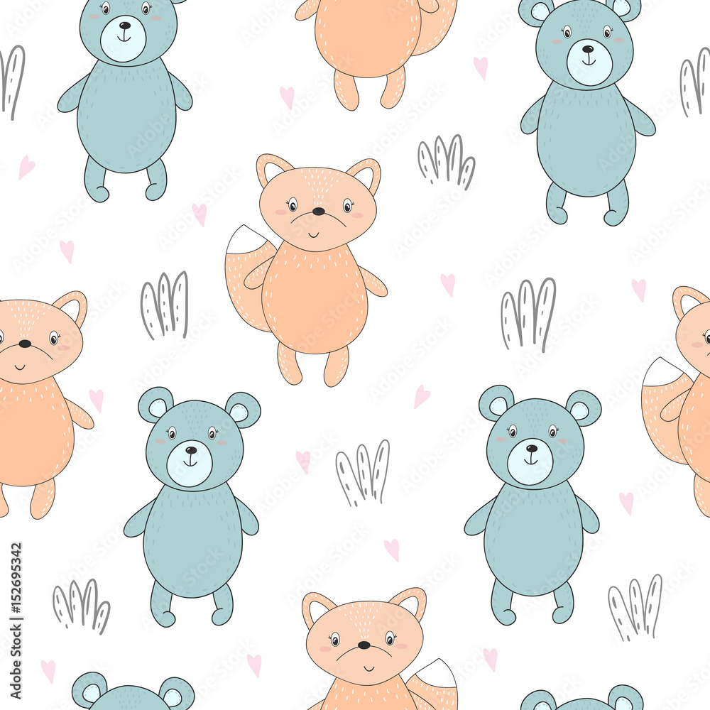 Lovely seamless pattern with cute foxes and bear. Awesome background in bright colors in vector