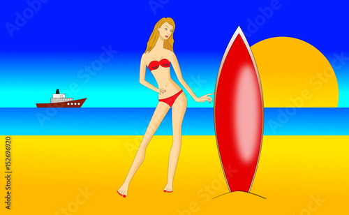 Beautiful young woman  in bikini with surfboard at b beach
