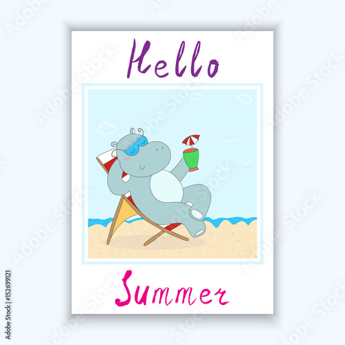 Hand Drawn cute cartoon hippo in the Seashore, vector illustration.