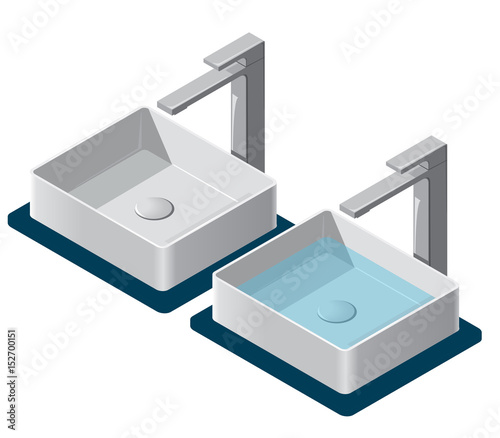 Bathroom sinks on white background. Isometric basin with tap and water. Kitchen interior info graphic element. Illustration household article. Pictogram domestic cleaner set. Isolated master vector.
