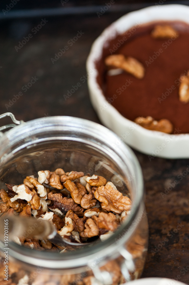 Chocolate souffle with walnuts and cocoa powder Chocolate souffle with walnuts and cocoa powder