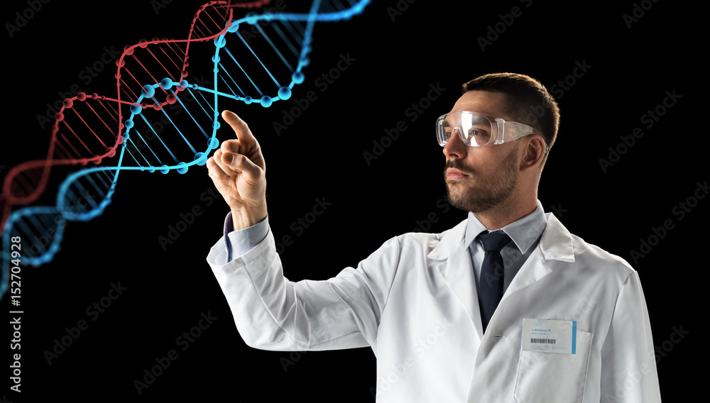 scientist in goggles with dna molecule scientist in goggles with dna molecule