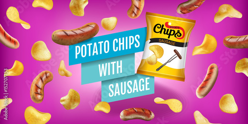 Vector realistic illustration of potato chips with sausage.