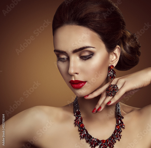 Jewelry, Beauty Fashion Model Face and Jewellery, Red Ring Necklace Earrings, Elegant Woman Makeup