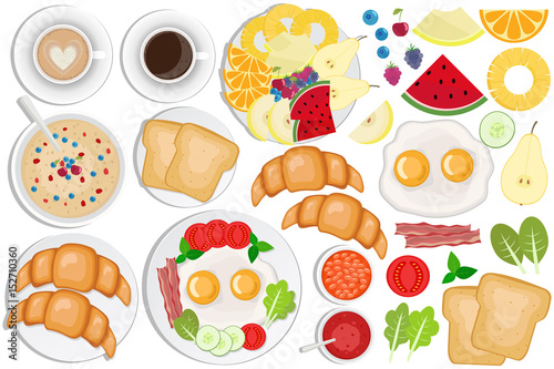 Breakfast set. Coffee, toasts, croissants, omellette, fruits, jam, oatmeal, beans, bacon, cappuccino, eggs.