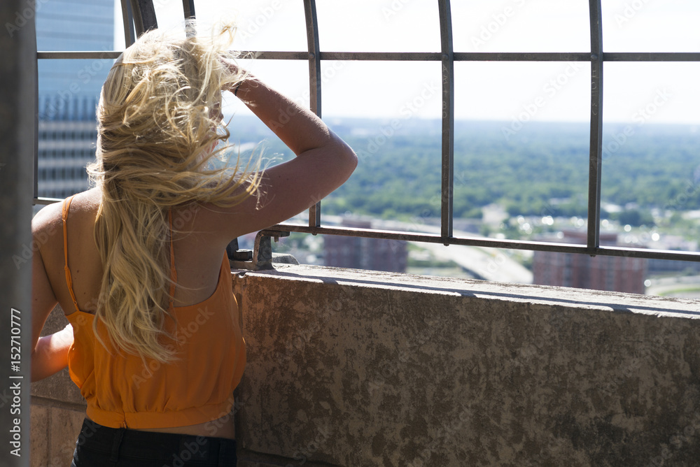 Woman looking at view through railings, Minneapolis, Hennepin County, Minnesota, USA