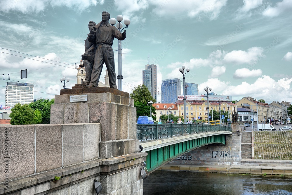 Vilnius city centre green bridge sculptures on July 09, 2015