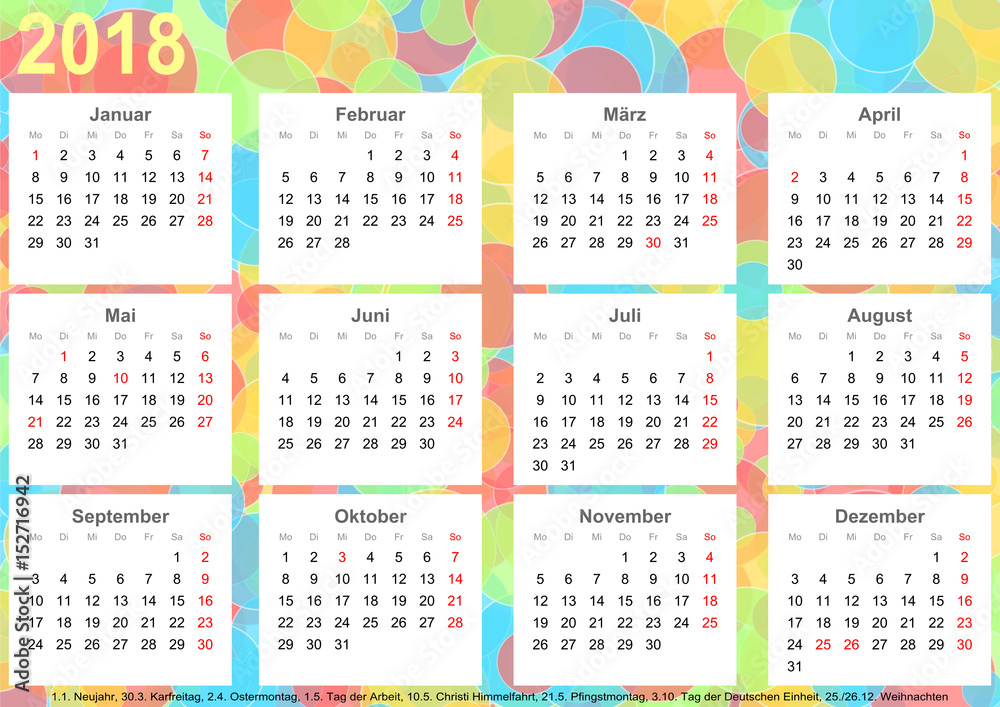 Kalender 2018 Hintergrund mit bunten Kreisen, jeder Monat auf weißen Quadraten und mit Feiertagen für Deutschland