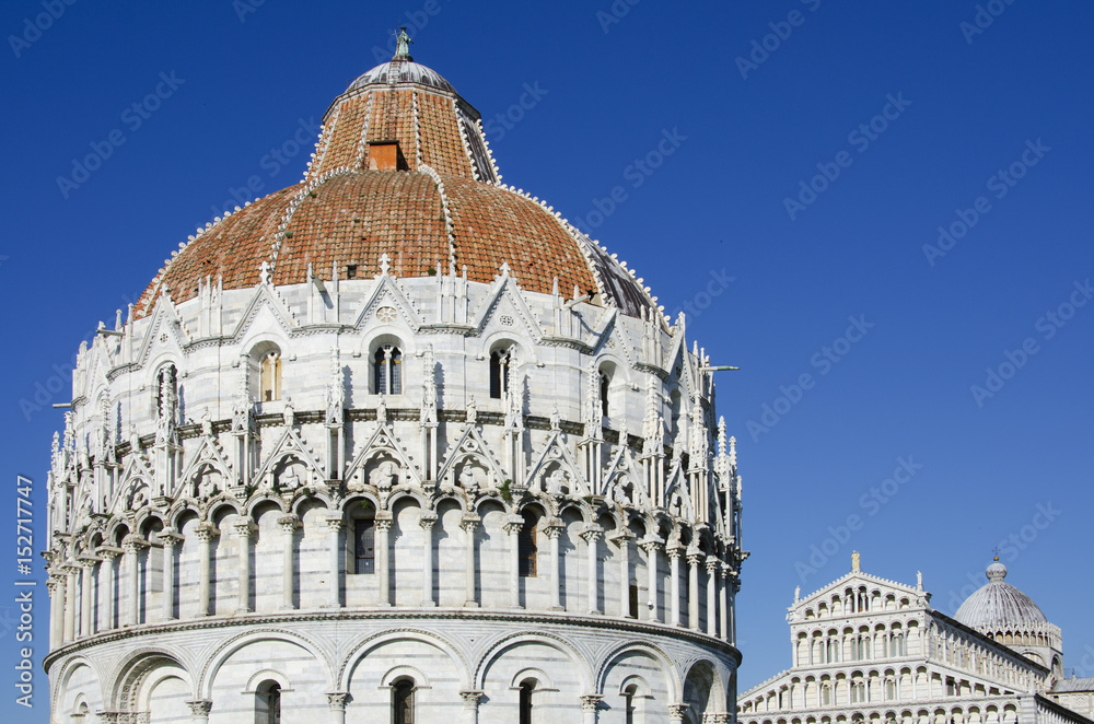Baptistery and Cathedral at Piazza dei Miracoli in Pisa, Italy