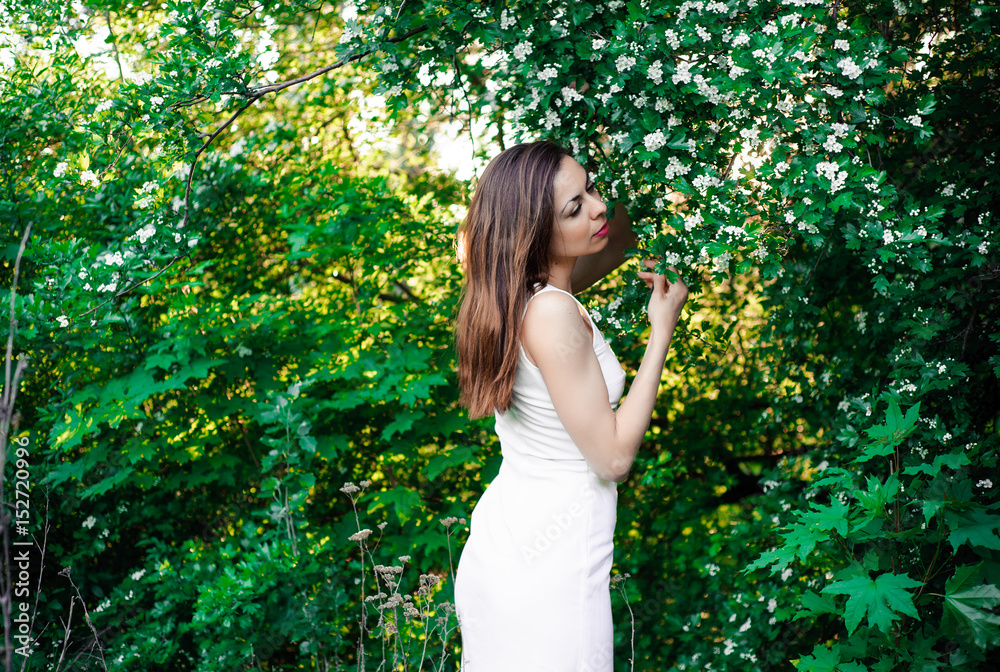 Young girl in complete tranquility and pacification in a beautiful and elegant dress on nature in the spring in the park Young girl in complete tranquility and pacification in a beautiful and elegant dress on nature in the spring in the park