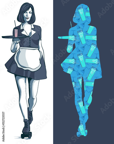 Waitress with a tray on roller skates, vector art. Waitress from a diner. Short skirt.