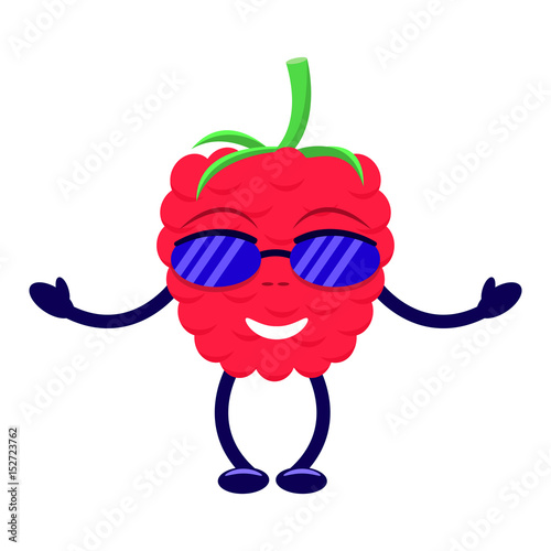 Vector illustration of a cartoon raspberry in sunglasses with pens and legs. Isolated white background. The character is a colorful berry of raspberries. Flat style.