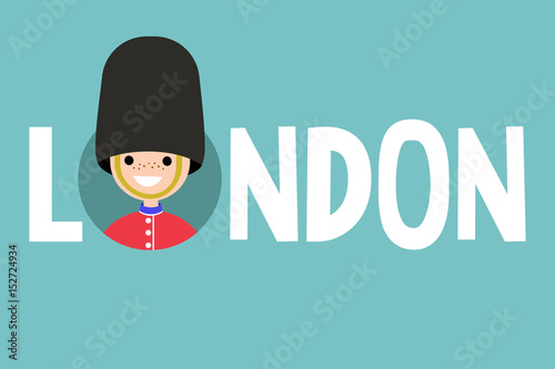 London conceptual illustrated sign: smiling beefeater wearing uniform. British royal guard / flat vector illustration photo