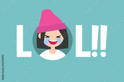 LOL conceptual illustrated sign. laughing out loud teenage girl / editable vector flat illustration