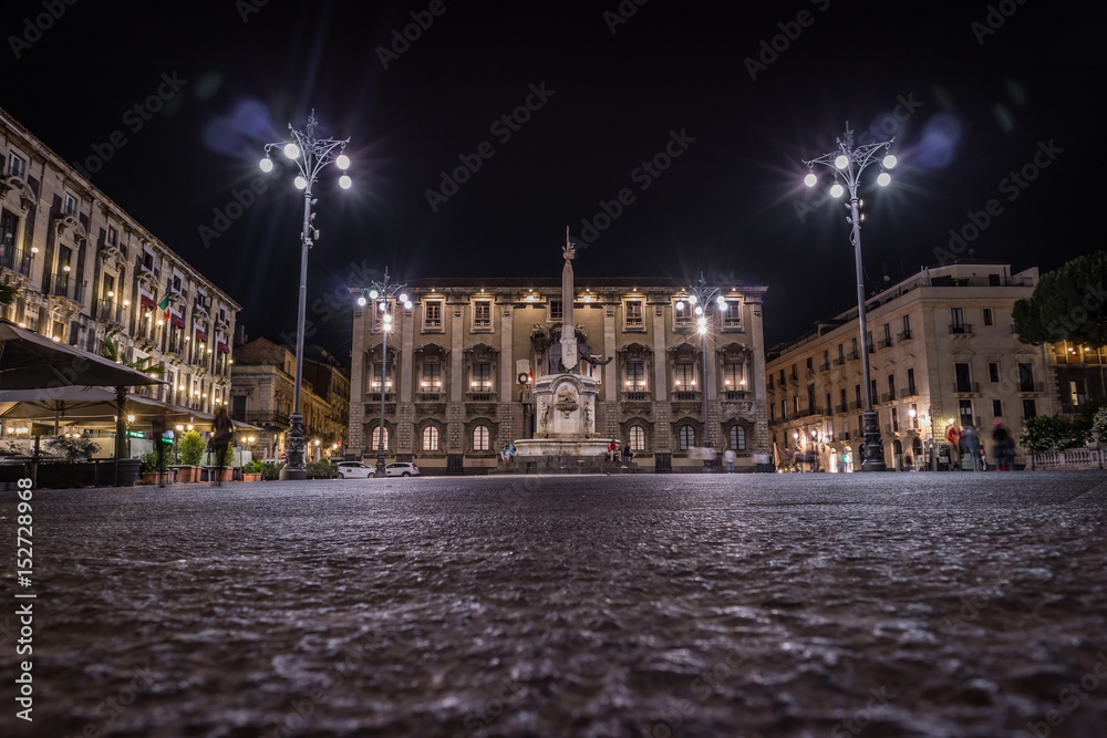 Night view of the Elephant of the Dome square in Catania