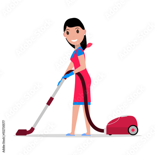 Vector illustration of a cartoon girl with a vacuum cleaner. Isolated white background. Flat style. Concept of a business cleaning service. Woman vacuums the floors.