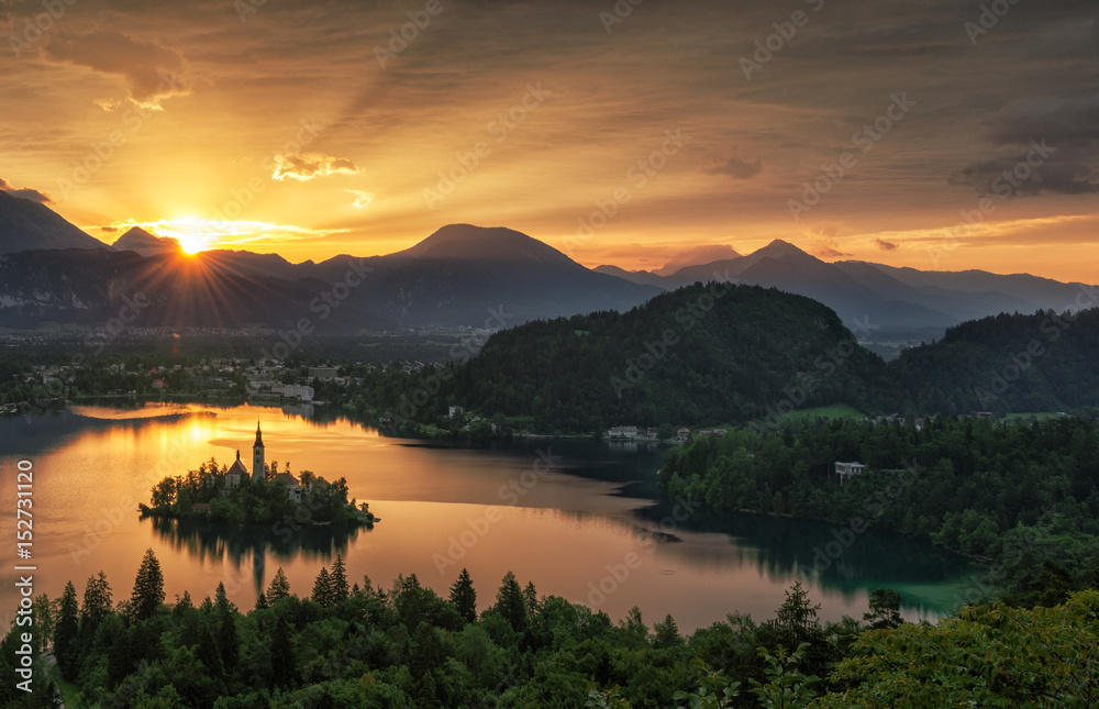 Lake Bled, island and mountains in background, Slovenia, Europe