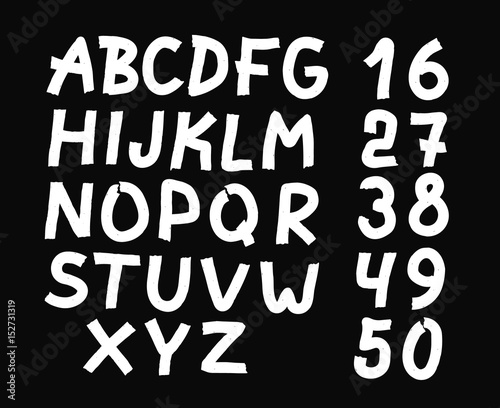 and drawn letters and numbers font. bold comic modern marker lettering. Grunge font, Sans serif. Vector design. Isolated on black background. alphabet written with ink, brush. calligraphy, black