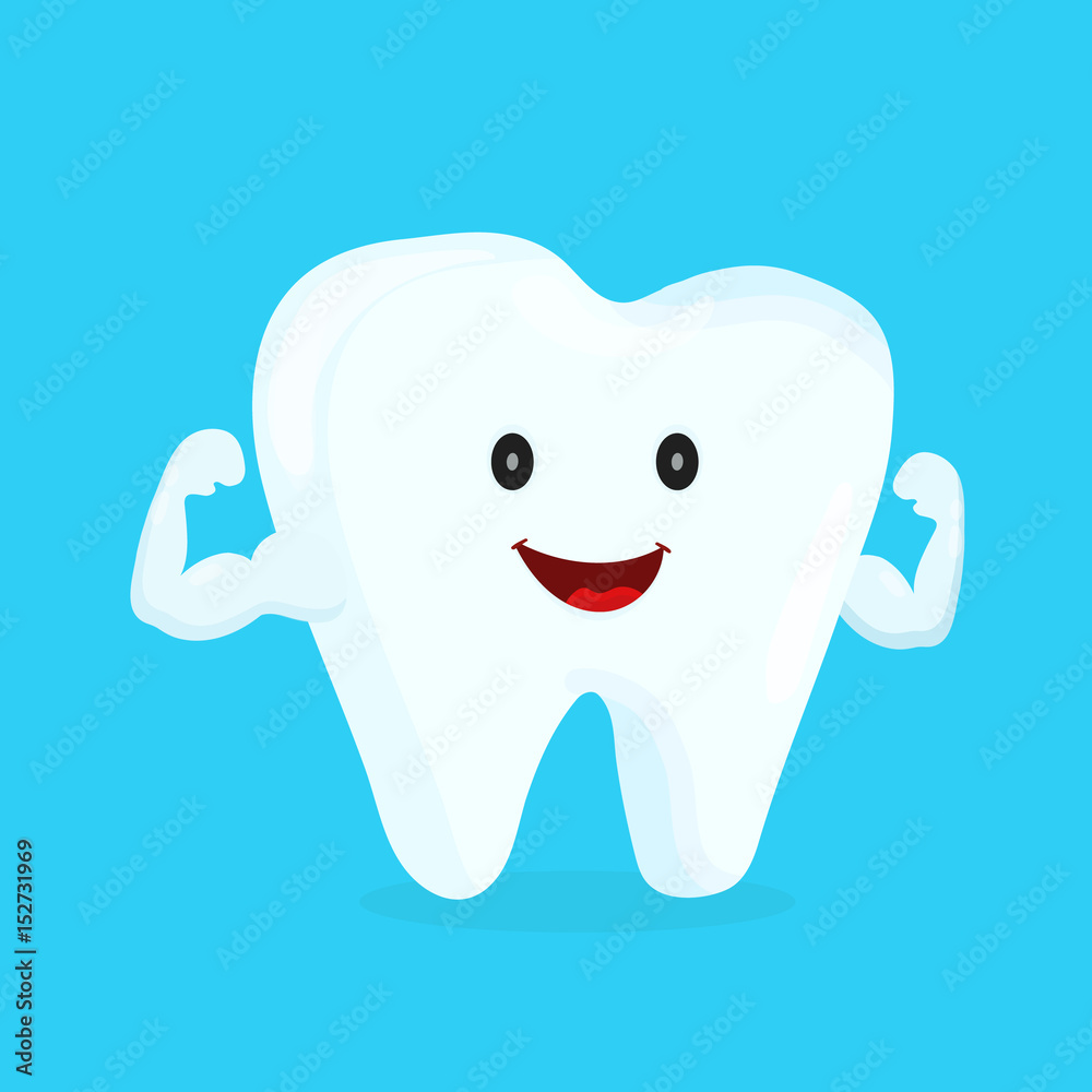 Strong happy healthy white tooth character. Vector flat cartoon illustration icon design. Isolated on blue backgound Strong happy healthy white tooth character. Vector flat cartoon illustration icon design. Isolated on blue backgound