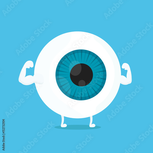 Strong healthy white eye, eyeball character. Vector flat cartoon illustration icon design. Isolated on blue backgound