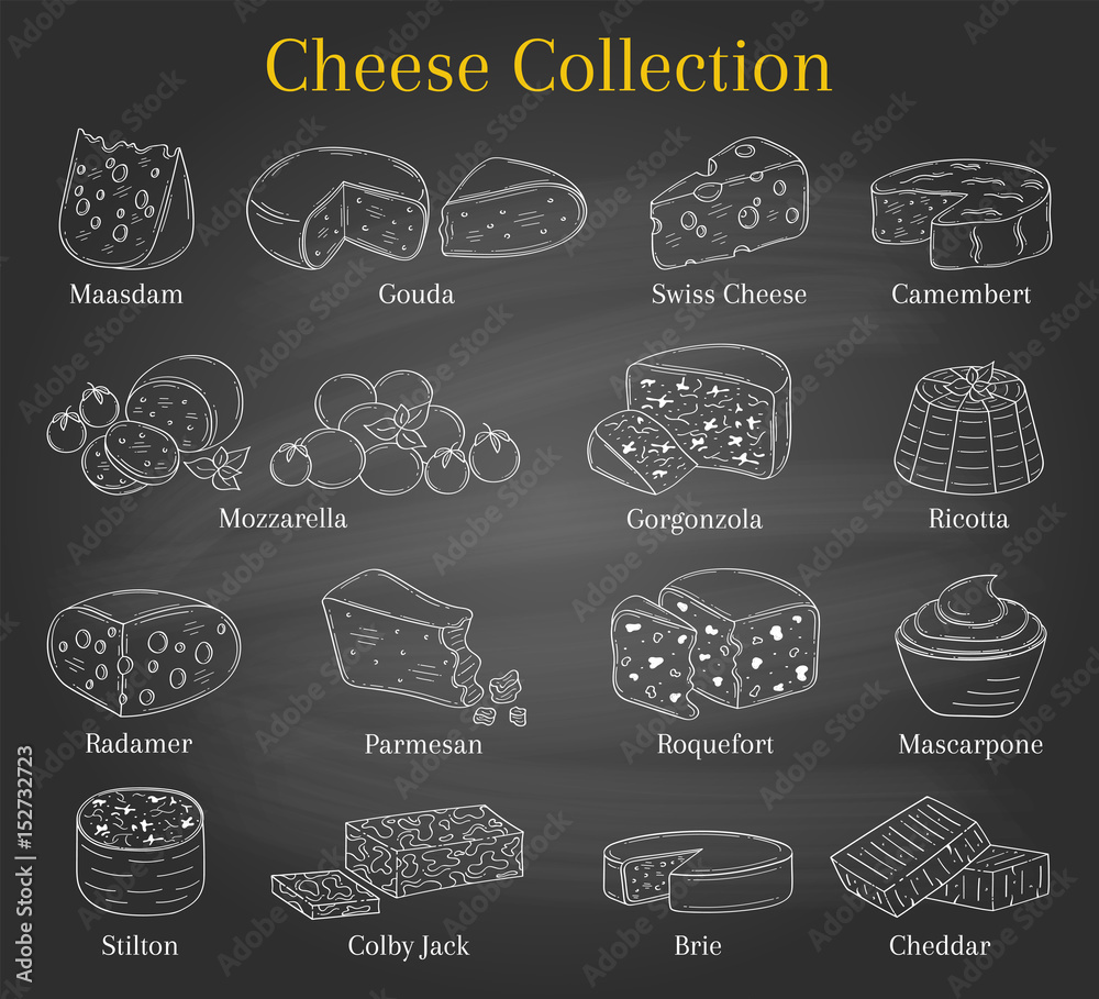 Vector set of different types of cheese, hand drawn illustration isolated on chalkboard background.