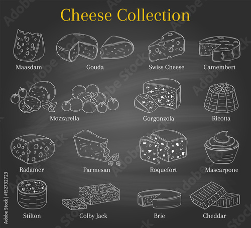 Vector set of different types of cheese, hand drawn illustration isolated on chalkboard background.