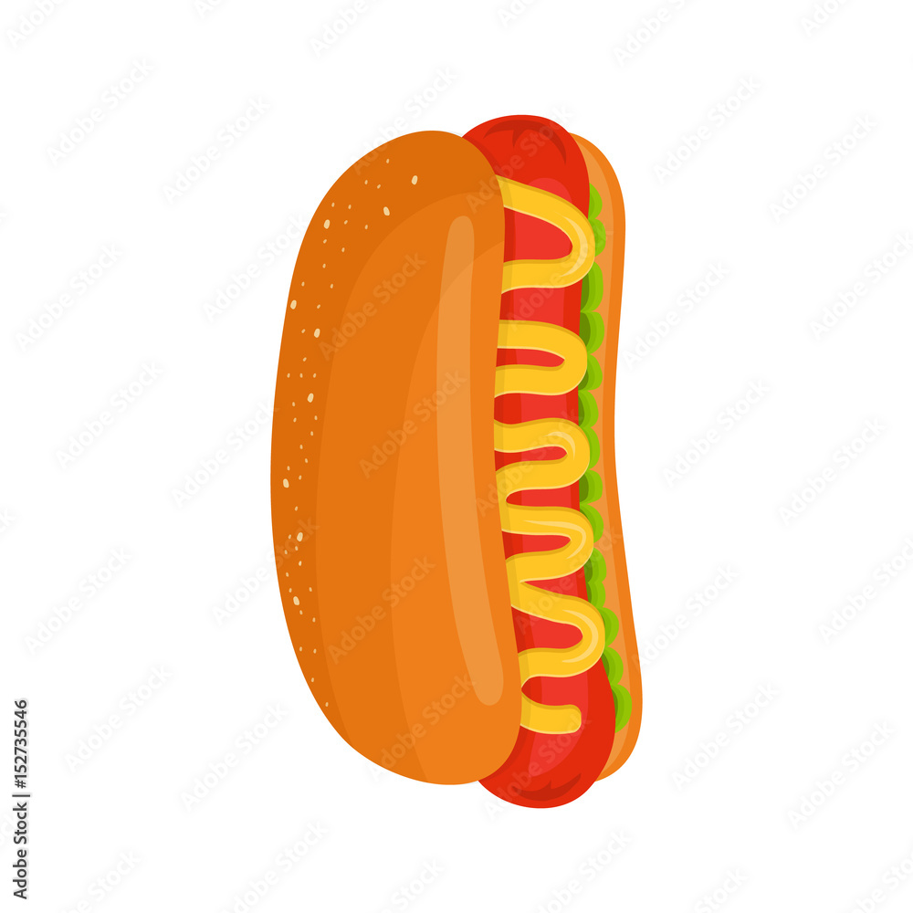 Hot dog isolated flat cartoon vector illustration icon isolated on white background. Hot dog ingredient, original recipe Hot dog isolated flat cartoon vector illustration icon isolated on white background. Hot dog ingredient, original recipe