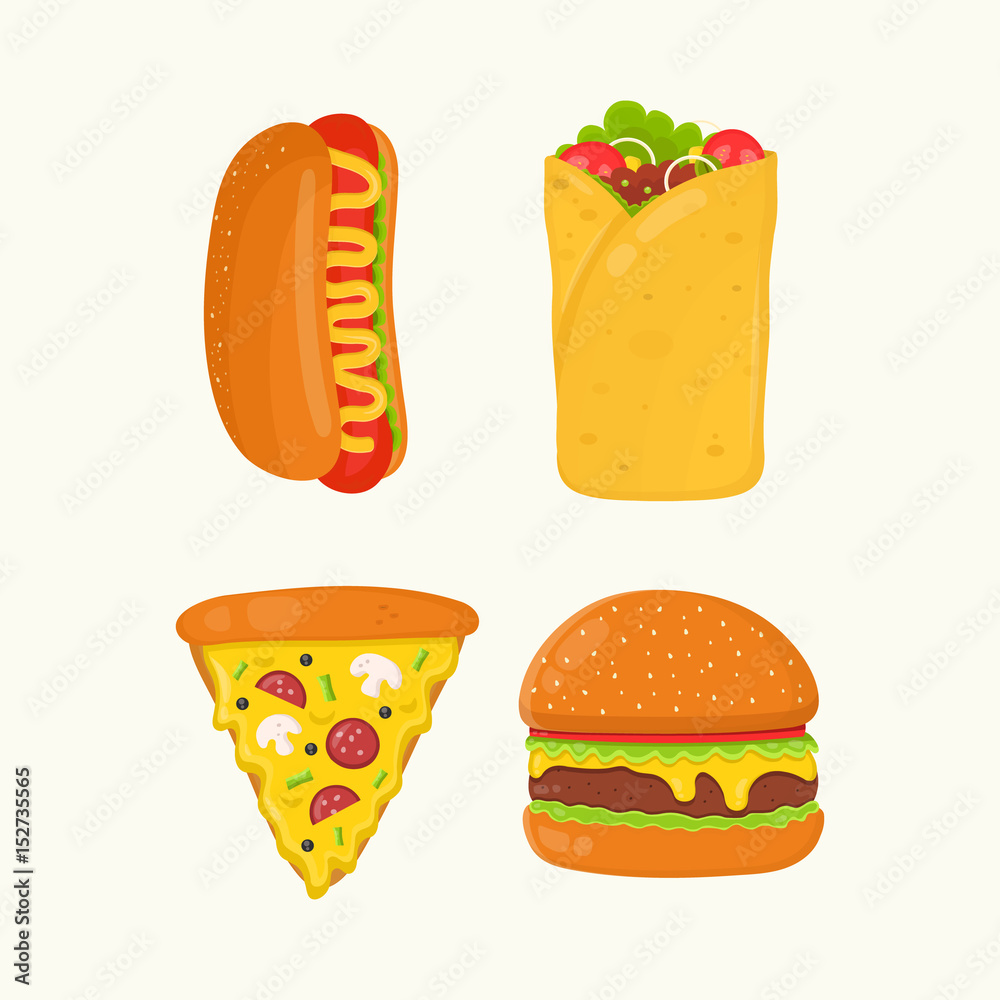 Hot dog, burrito, pizza, burger, cheeseburger. Flat vector cartoon isolated  meal, delivery, cafe, fun illustration icon set. Isolated on white  background. Fast food menu concept Stock Vector | Adobe Stock