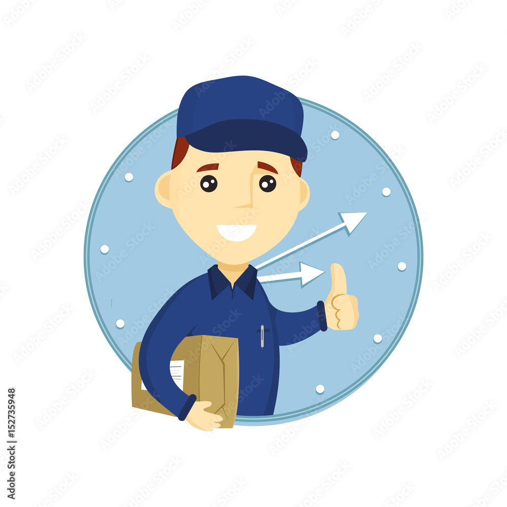 young delivery man in blue uniform holding boxes and documents character. vector flat cartoon illustration icon. fast delivery concept. clock. isolated on white background Stock Vector | Adobe Stock young delivery man in blue uniform holding boxes and documents character. vector flat cartoon illustration icon. fast delivery concept. clock. isolated on white background Stock Vector | Adobe Stock