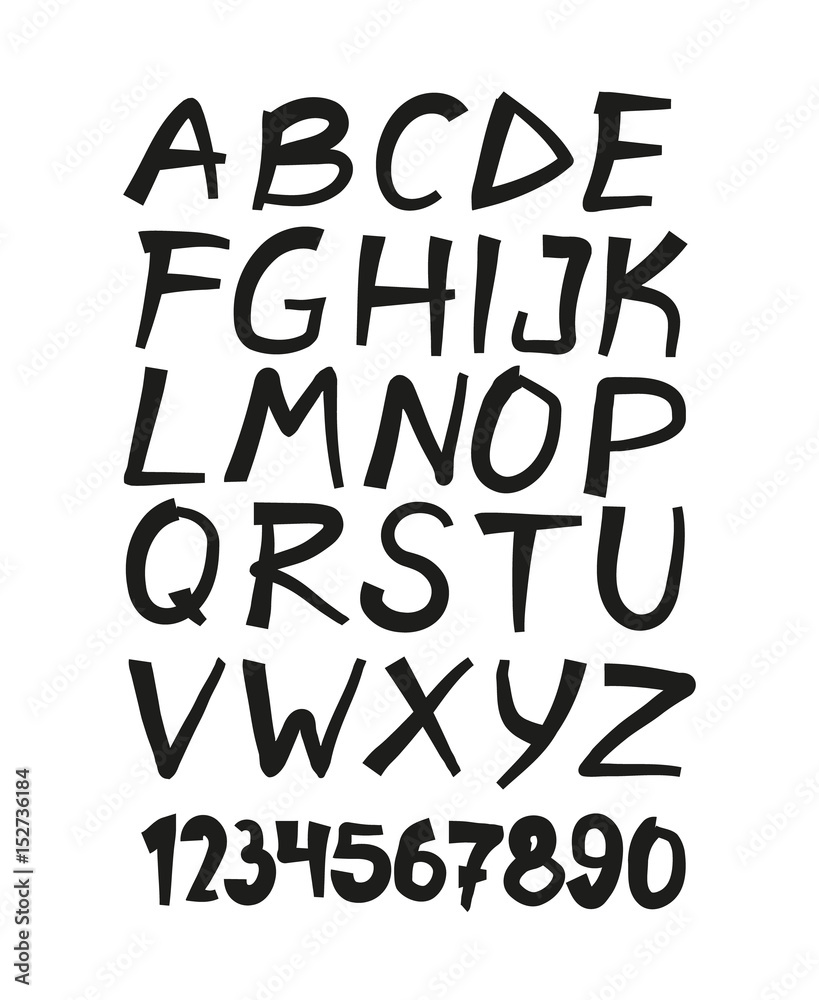 Hand drawn letters and numbers font. marker lettering. Grunge font, Sans serif. Vector design. Isolated on white background. alphabet written with ink, brush. calligraphy, lettering
