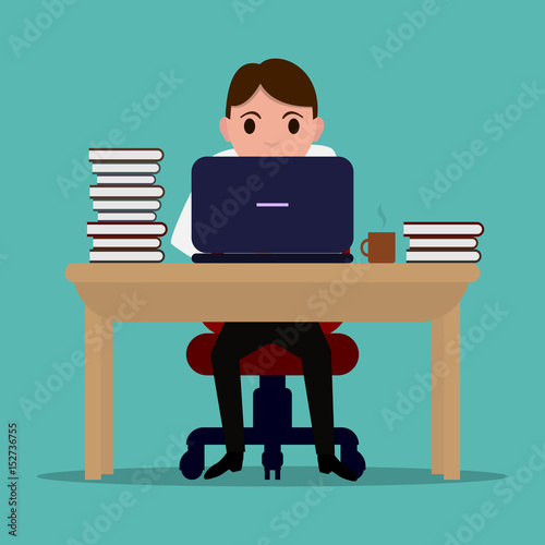 Vector illustration of a cartoon diligent office worker at the table. Businessman learns to work on a laptop. Flat style. Man is working at a computer at a desk with a large stack of books.