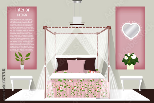 The interior of the bedroom. A four-poster bed. The design of the room. banner. Vector.
