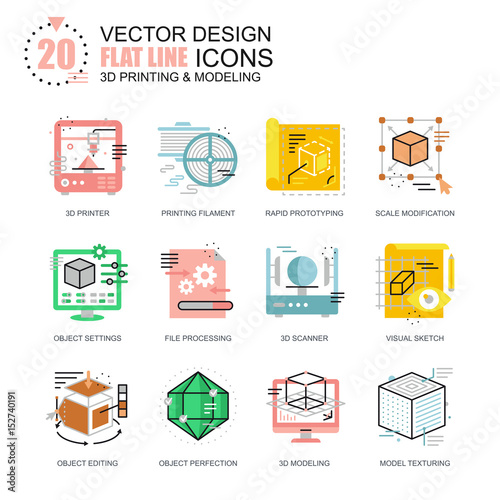 Flat line 3D printing and modeling icons